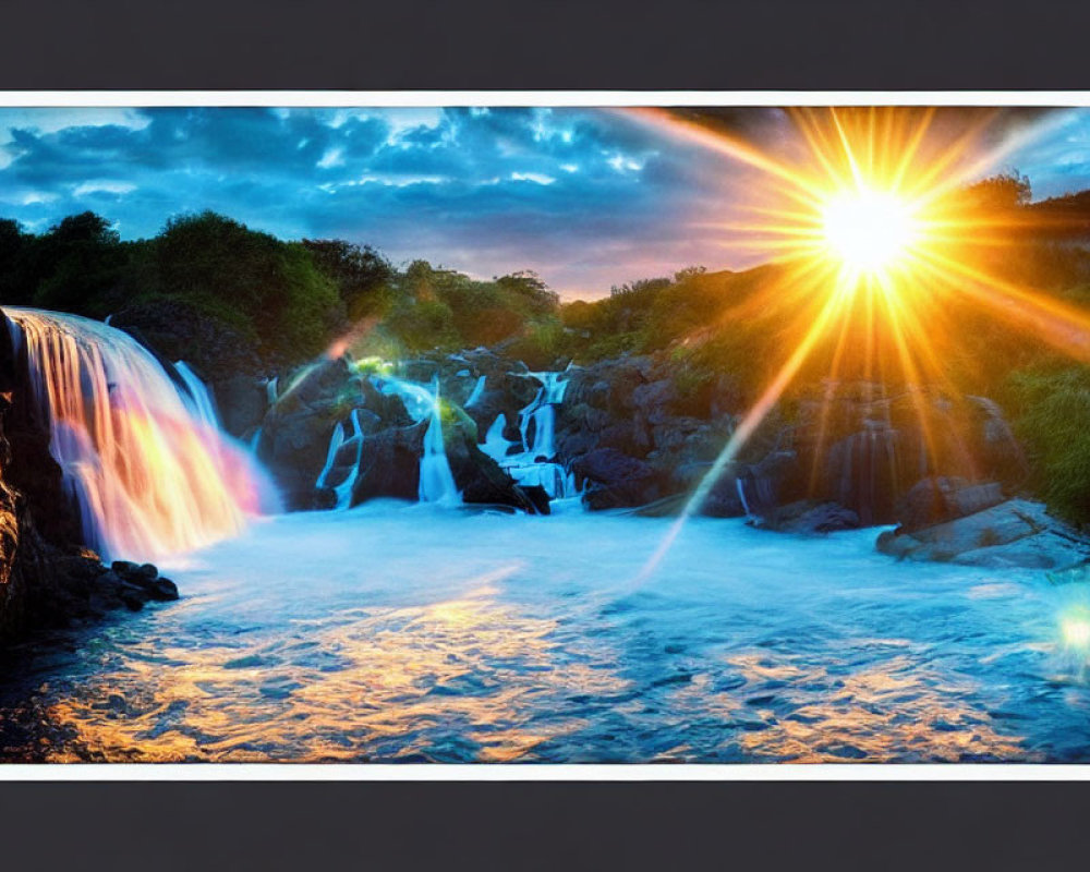 Vibrant sunset over cascading waterfall with colorful reflections on rocky terrain