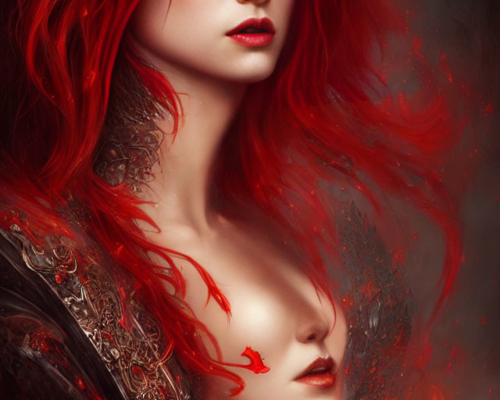 Fantasy digital artwork: Red-haired figure with ornate headdress and mystical flame