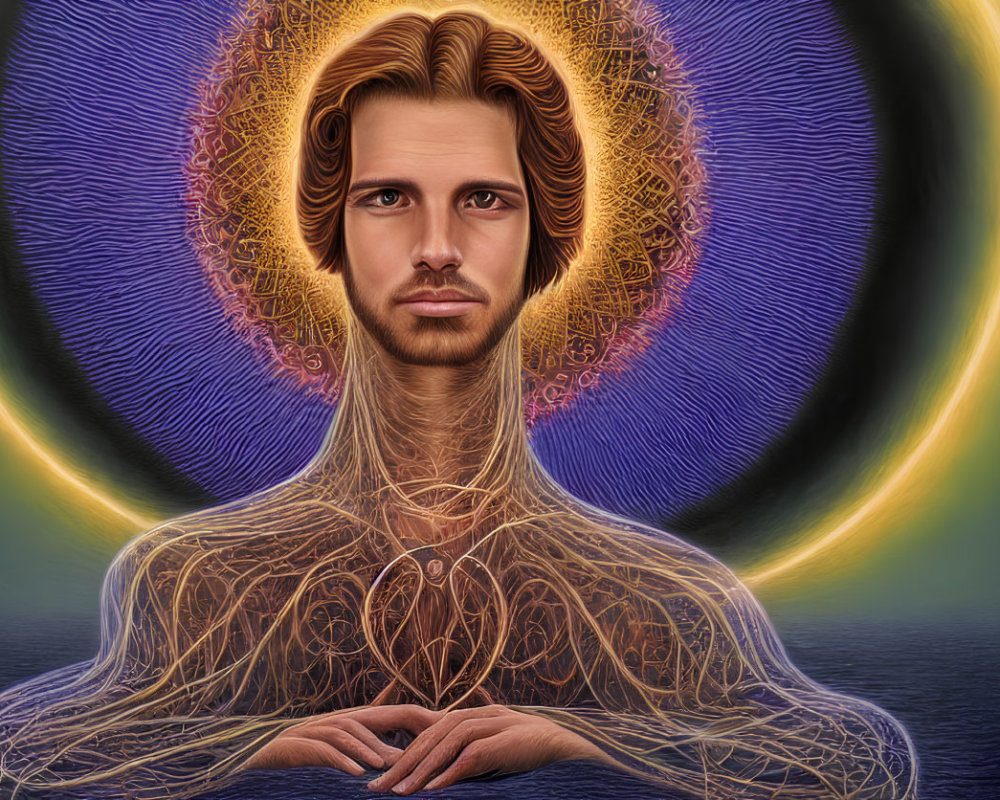 Detailed digital portrait: man meditating with glowing fractal patterns and auras.