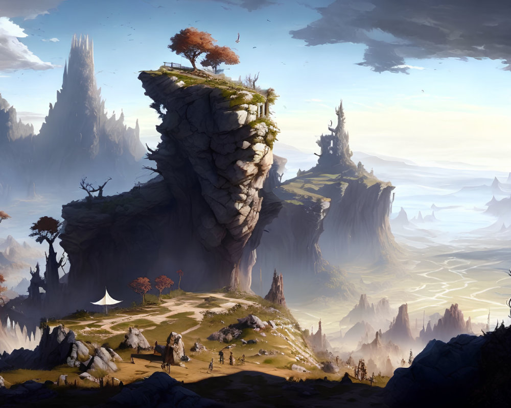 Majestic fantasy landscape with towering rock formations and a tent.