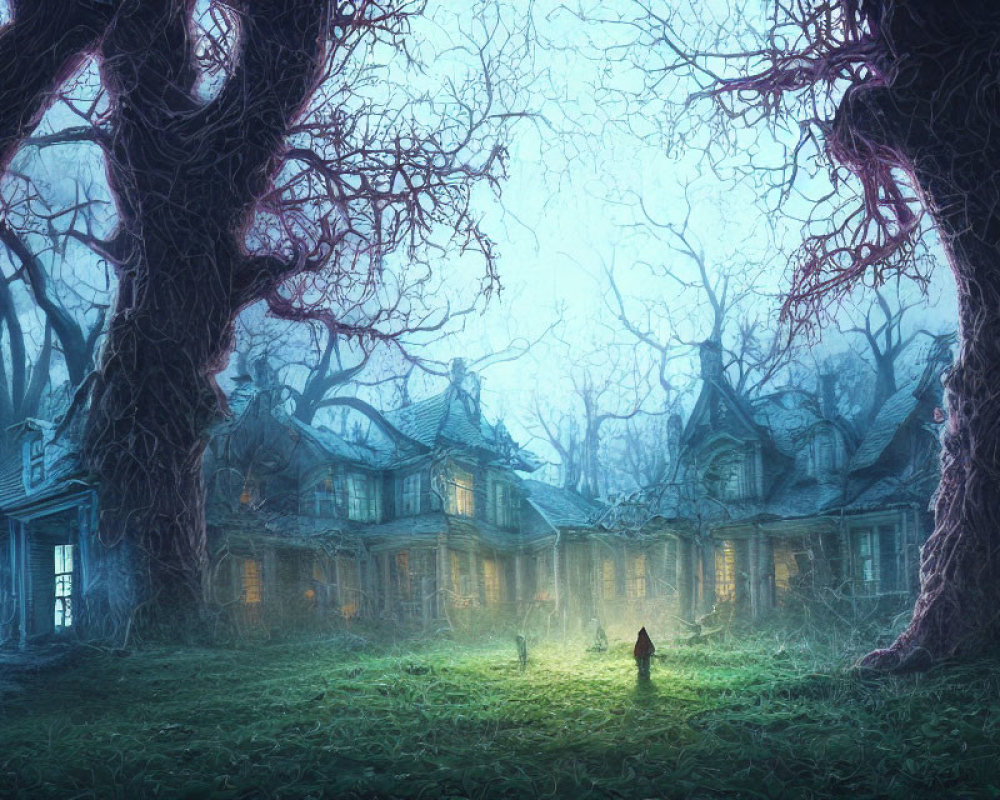 Mystical forest clearing with eerie illuminated house at twilight