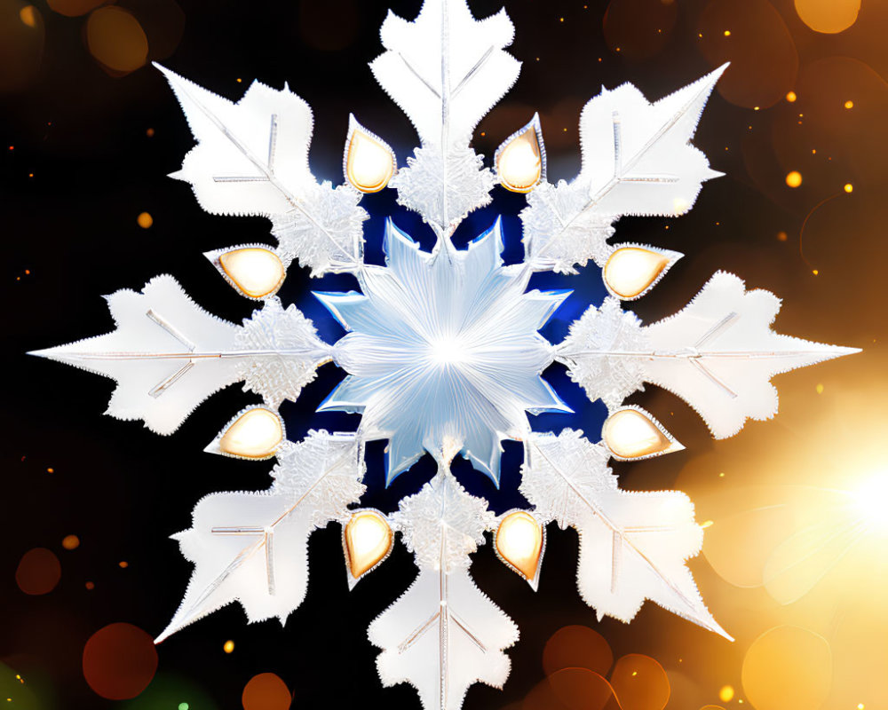 Symmetrical blue and white snowflake graphic on black background