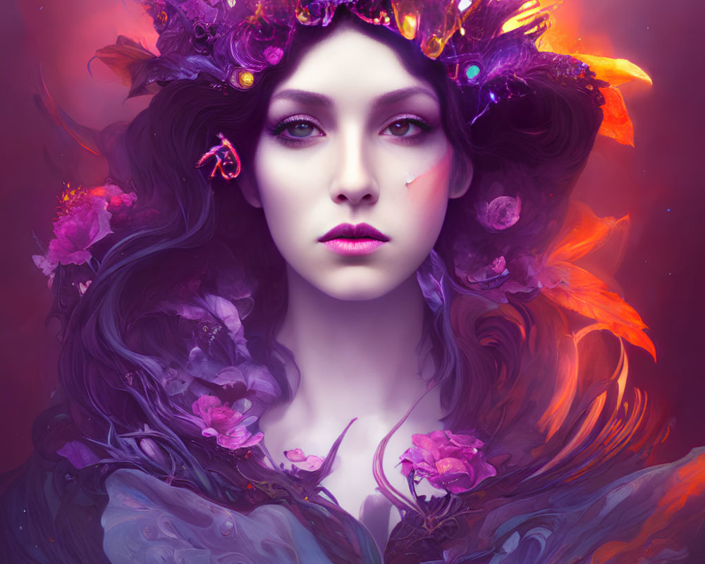 Portrait of a woman with floral crown in vibrant purple and pink tones