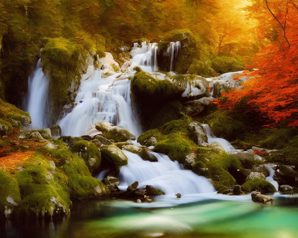 Autumn forest waterfall with moss-covered rocks and vibrant foliage