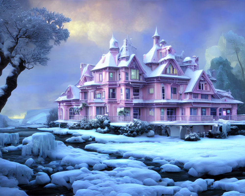 Victorian-style pink house in snowy landscape with frozen river and colorful sky.