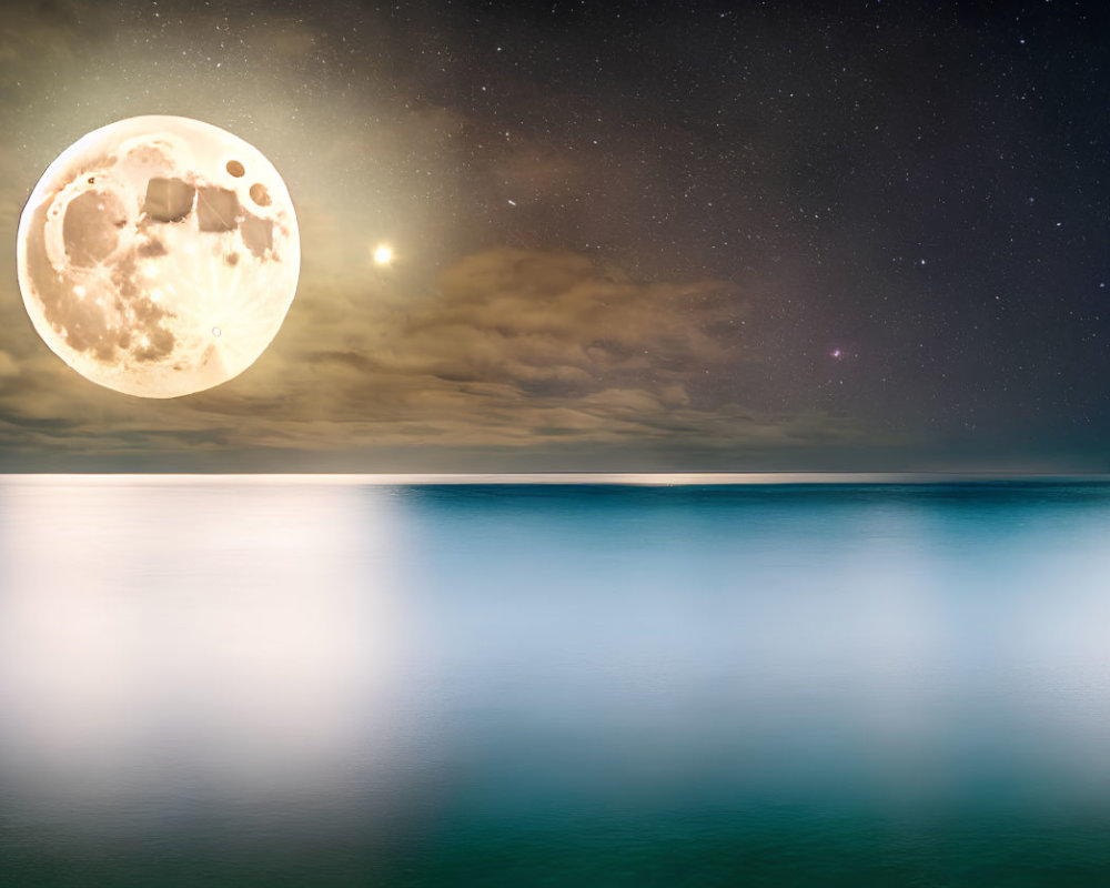 Night Seascape with Luminous Full Moon and Starry Sky