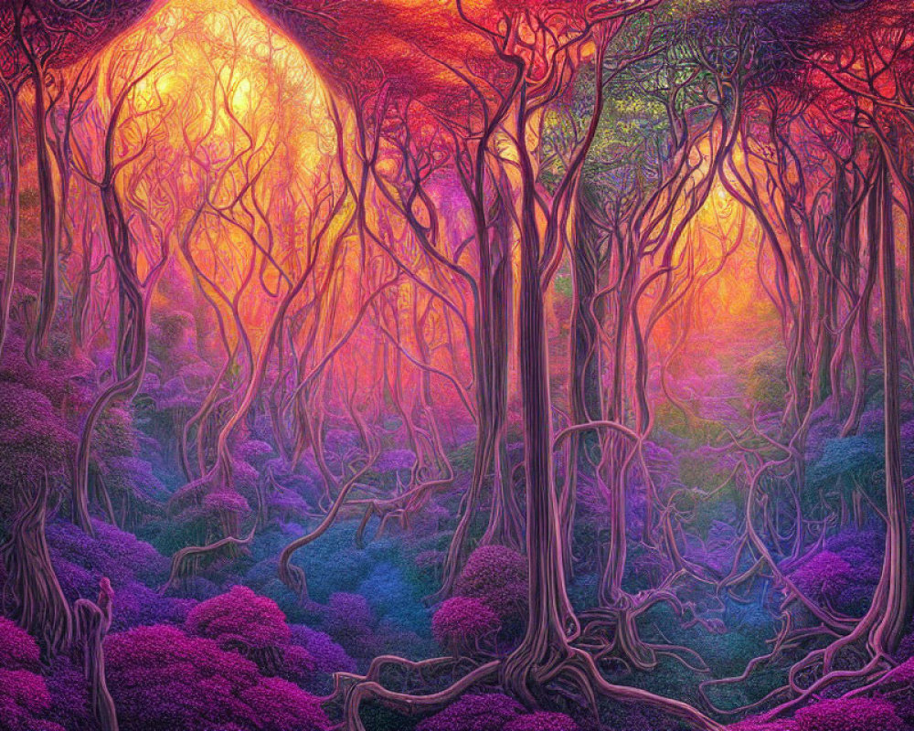 Colorful Fantasy Forest with Twisted Trees in Purple, Pink, and Orange