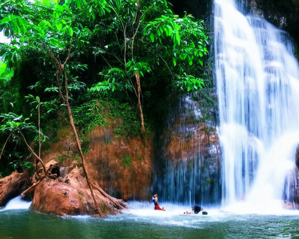 Lush Green Forest Waterfall with Swimmers