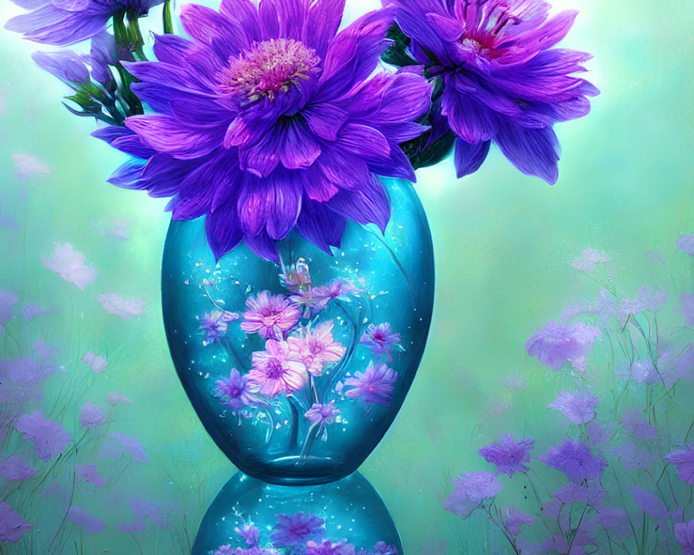 Purple Flowers in Translucent Blue Vase on Green Field