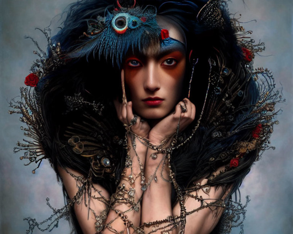 Person with ornate feathered headpiece and intense gaze on blue-grey background