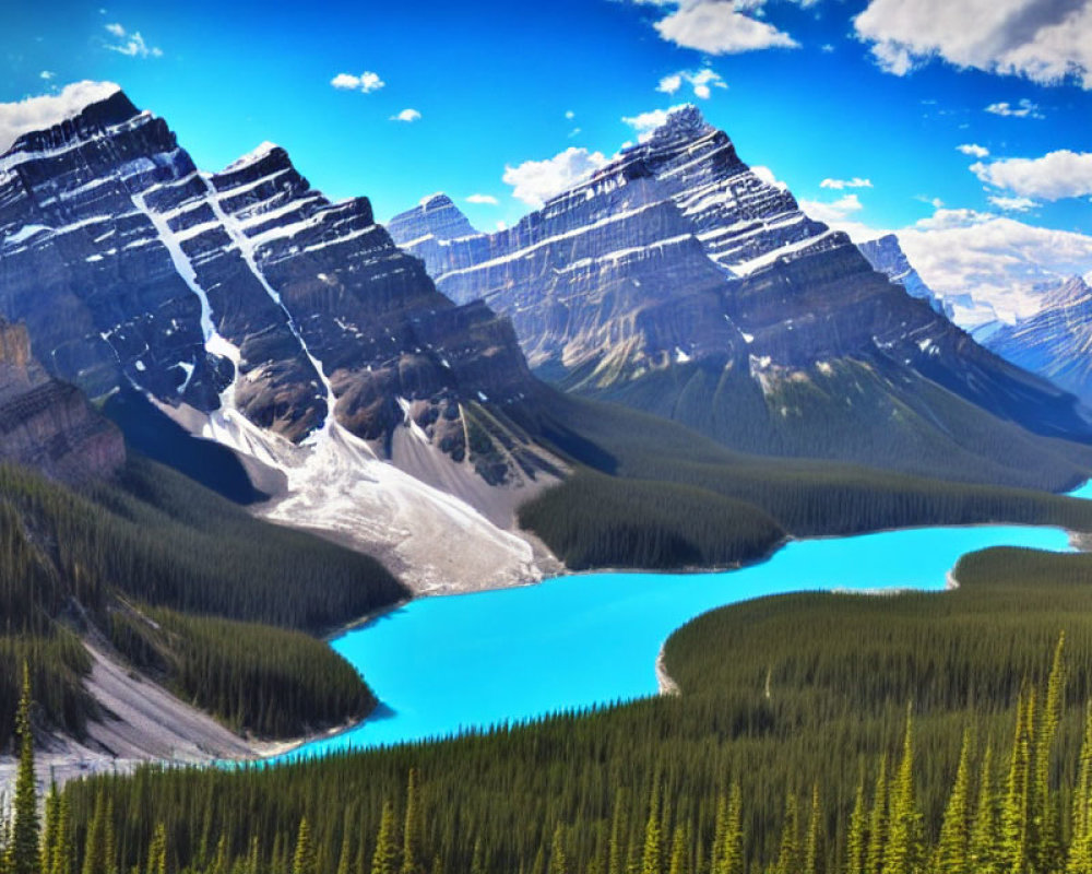 Turquoise Lake Surrounded by Layered Peaks and Green Forests