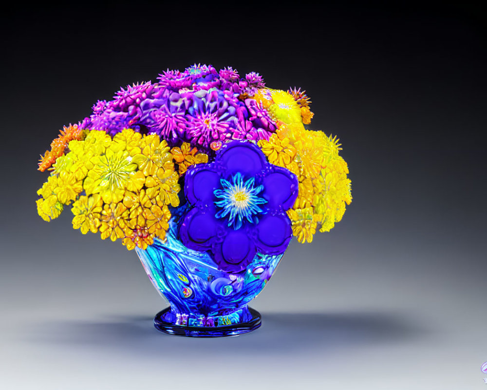 Yellow and Purple Flowers in Blue Glass Vase on Dark Background