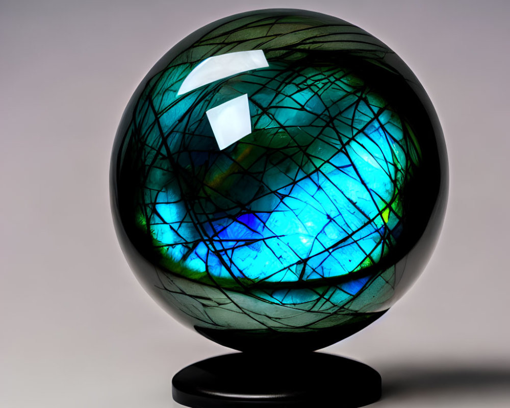 Vibrant Blue and Green Crystal Ball on Black Stand