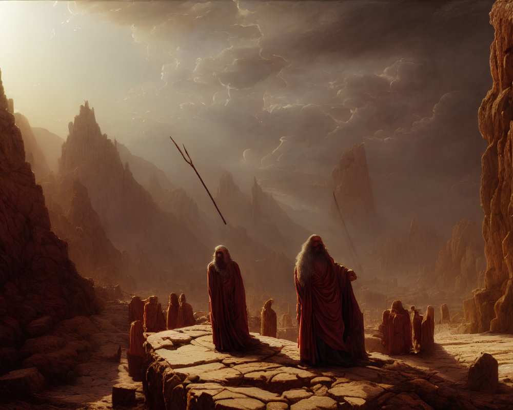 Robed Figures on Rocky Outcrop with Flying Spear