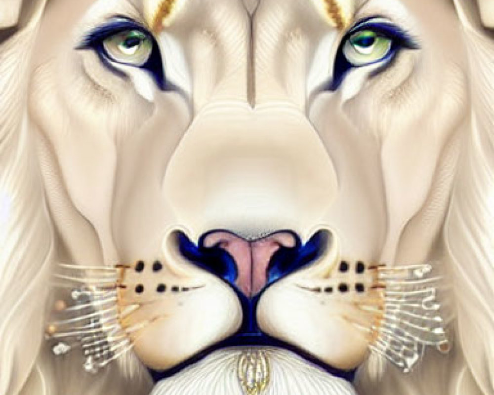 Detailed Lion Face Artwork with Multi-Colored Eyes and Prominent Mane