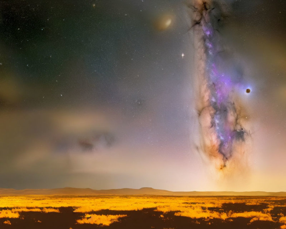 Starry night landscape with vibrant Milky Way over golden-lit plains