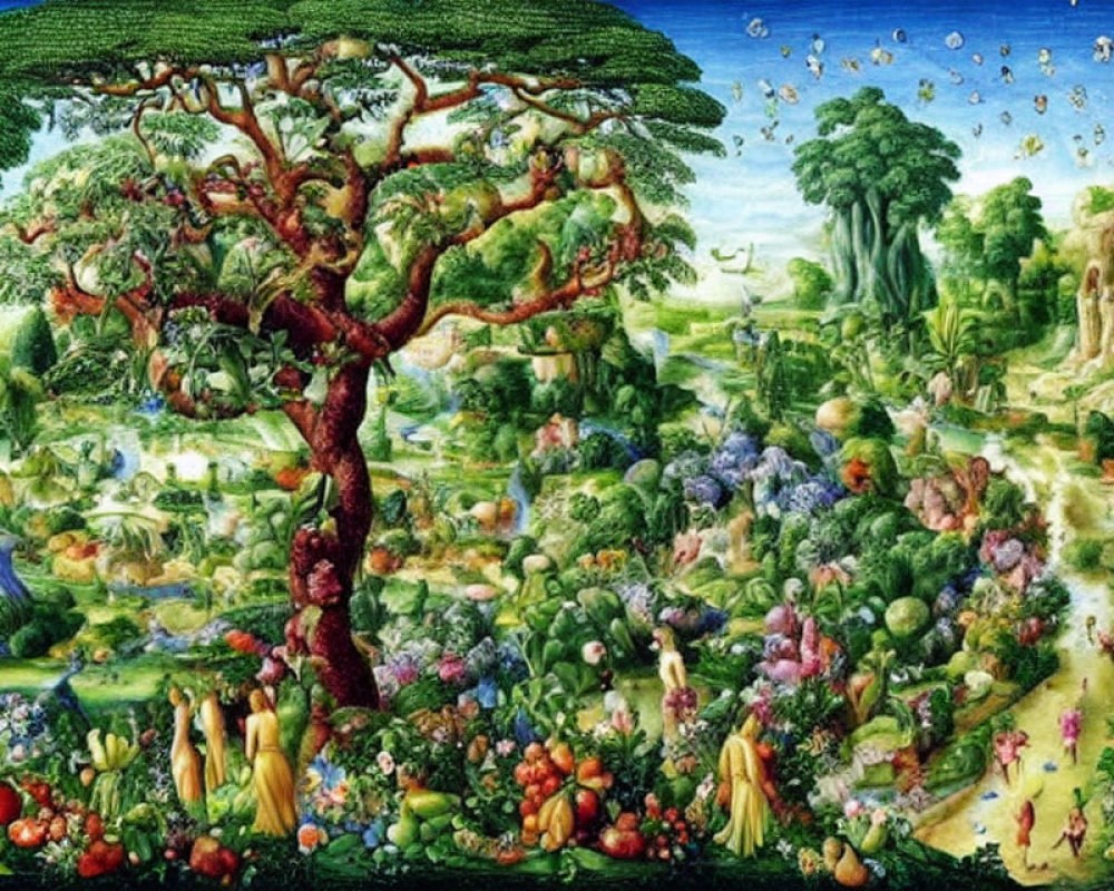 Colorful painting of lush landscape with fruits, vegetables, and plants