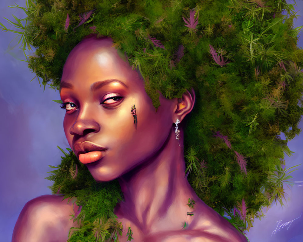 Digital portrait of a woman with lush greenery headdress and purple foliage, gazing serenely