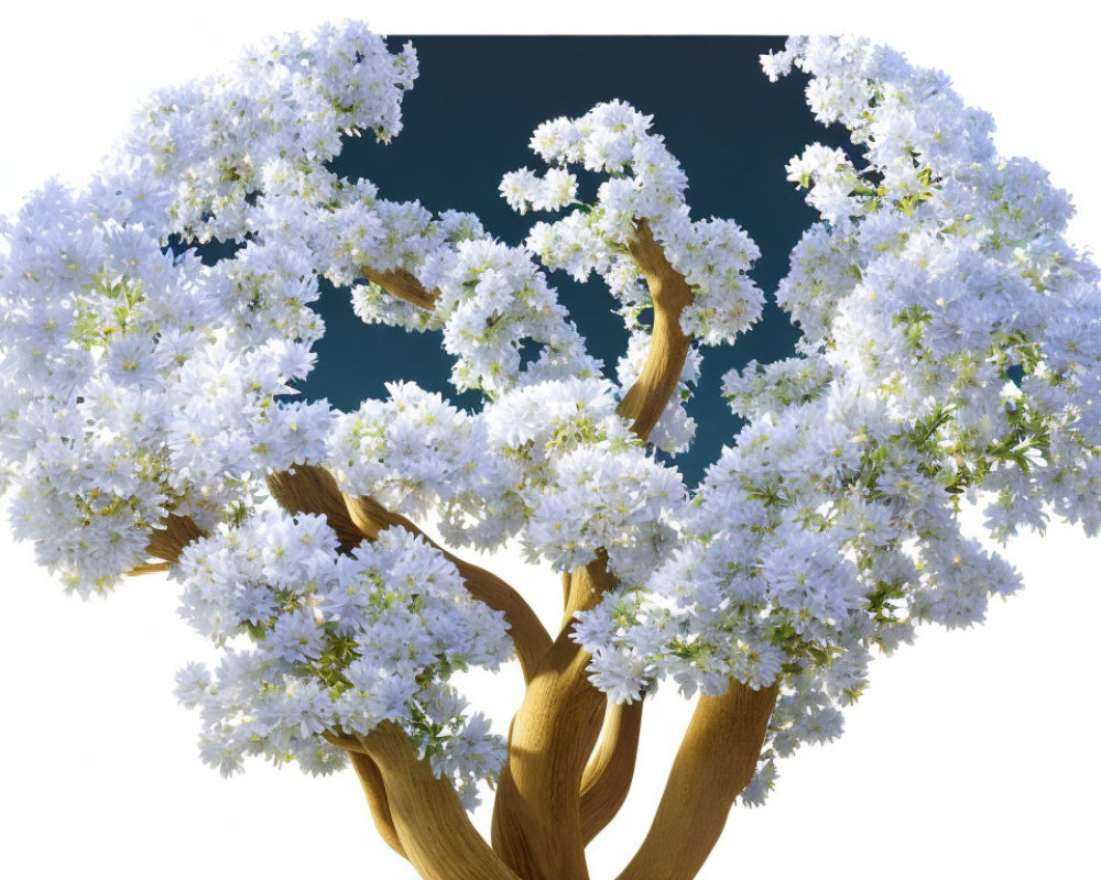 White Blossom Tree Against Blue Sky with Brown Branches