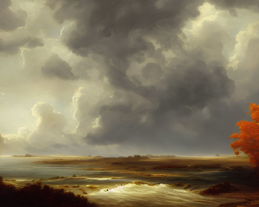 Dramatic landscape with dark clouds, tranquil sea, warm sunlight, and vibrant orange foliage