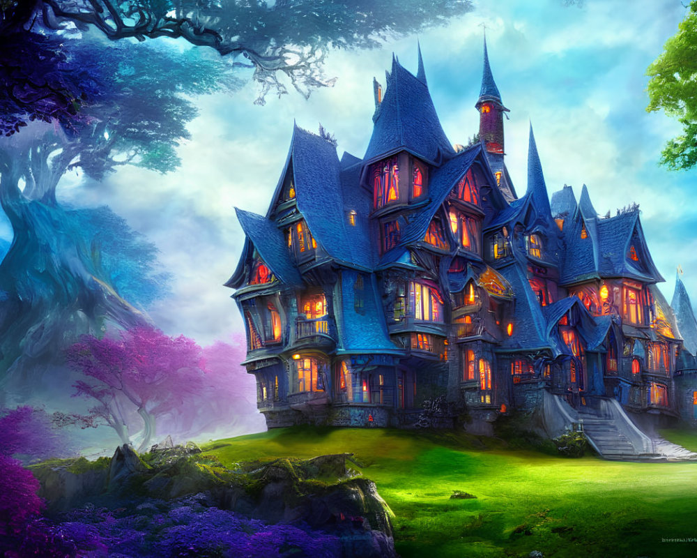 Fantastical Gothic mansion in vibrant enchanted forest