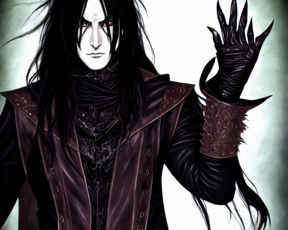 Gothic figure with long black hair and mystical symbol on forehead