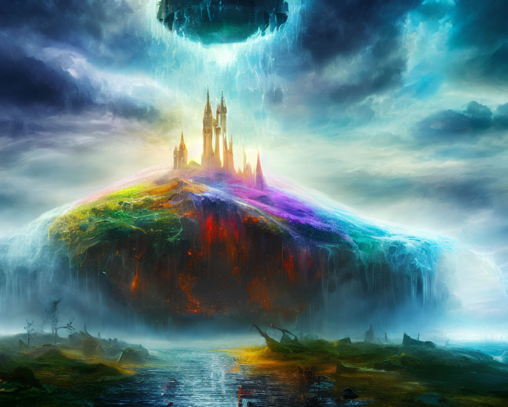 Glowing castle on floating island amidst mystical landscape