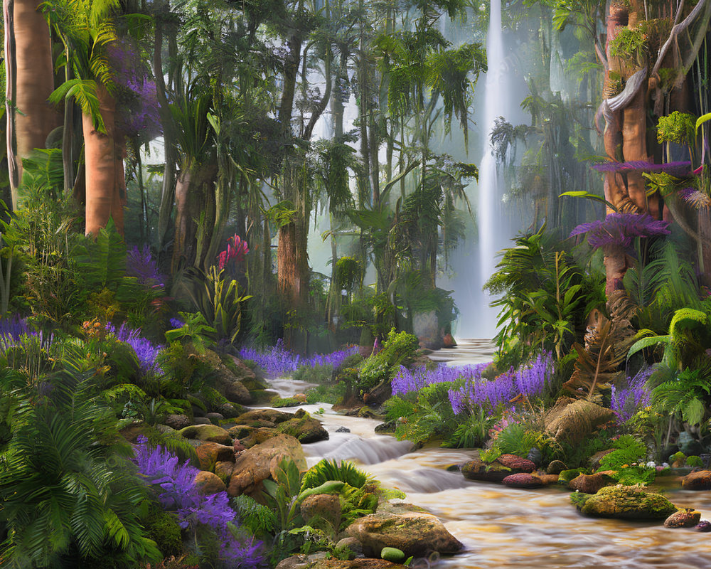 Tranquil forest scene with waterfall, stream, purple flowers, moss-covered rocks, and misty