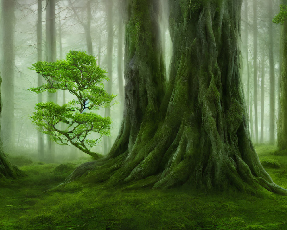 Mystical Green Forest with Moss-Covered Trees and Fog