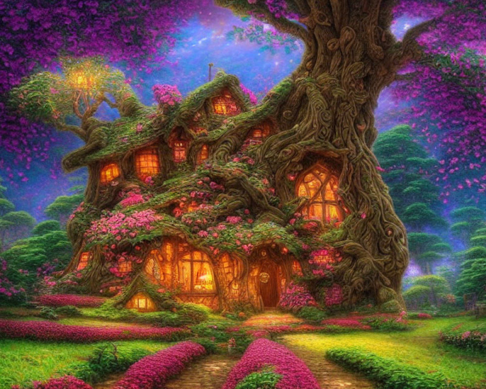 Enchanting tree-integrated cottage in magical twilight scene