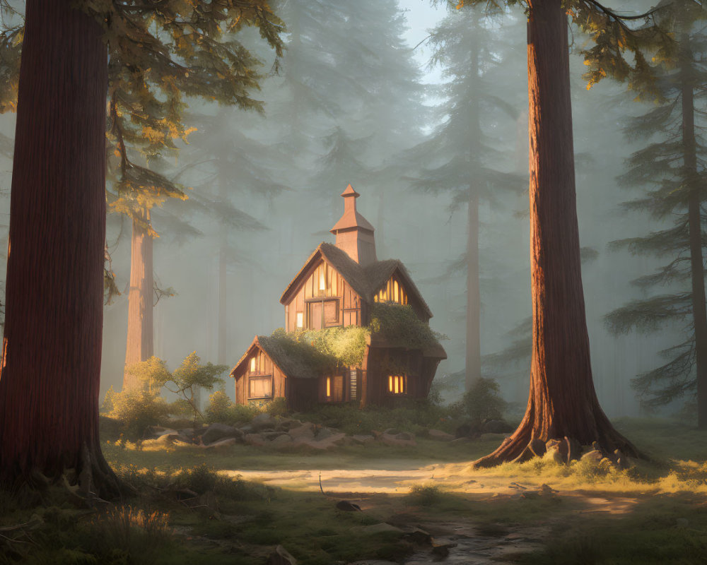 Cozy cottage surrounded by redwood trees in morning light