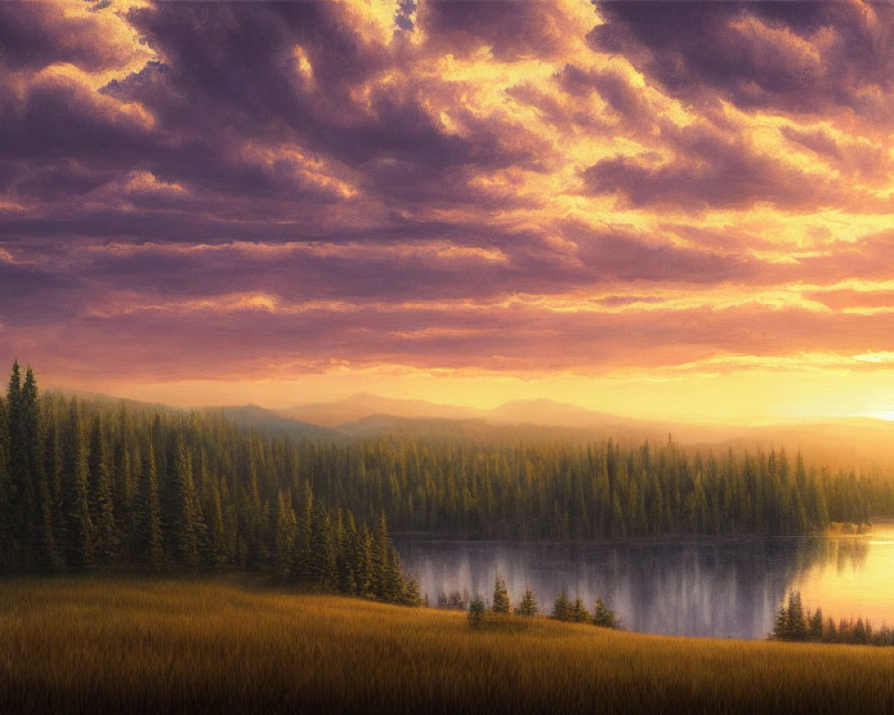 Tranquil sunset landscape with lake, pine trees, and golden sky