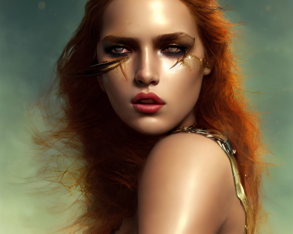 Portrait of Woman with Red Hair and Dramatic Eye Makeup