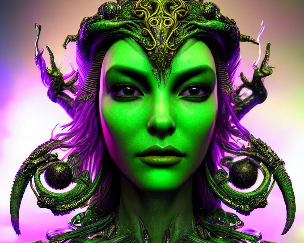 Fantasy character with green skin, golden headpiece, serpent-themed armor