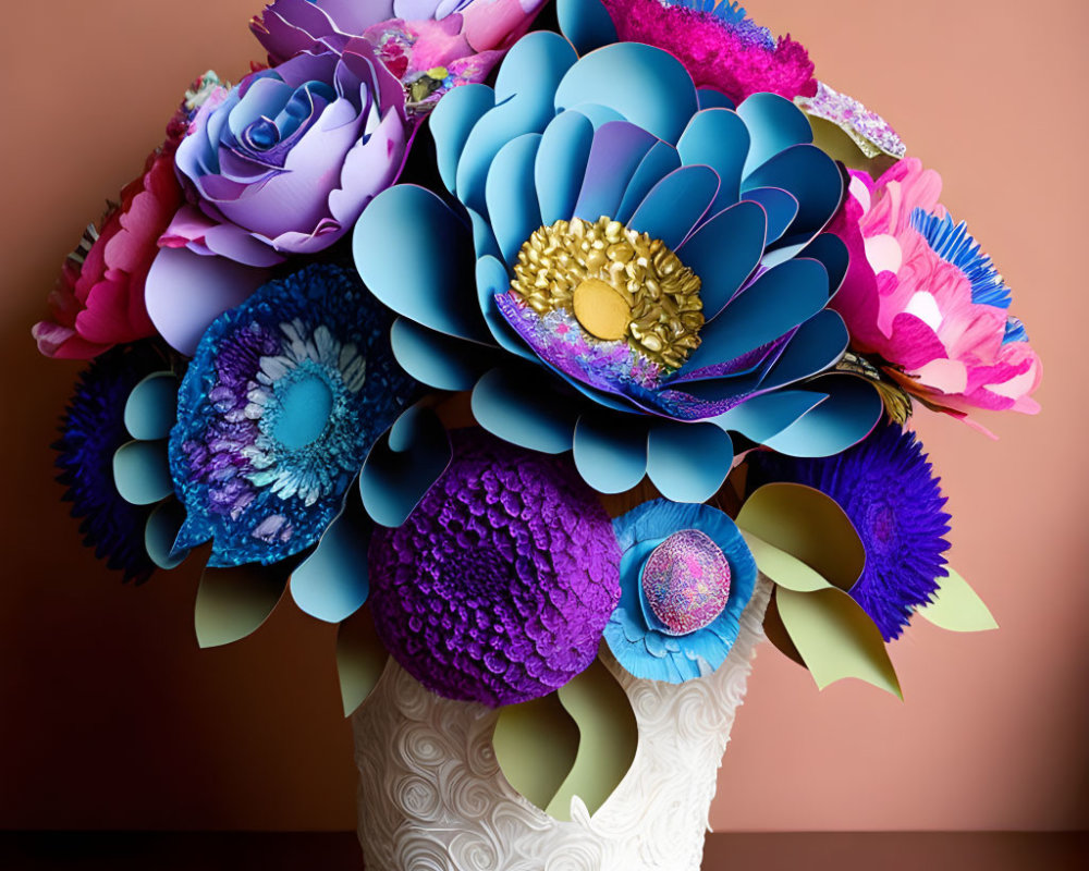 Colorful Paper Flowers Bouquet in White Vase on Brown Background