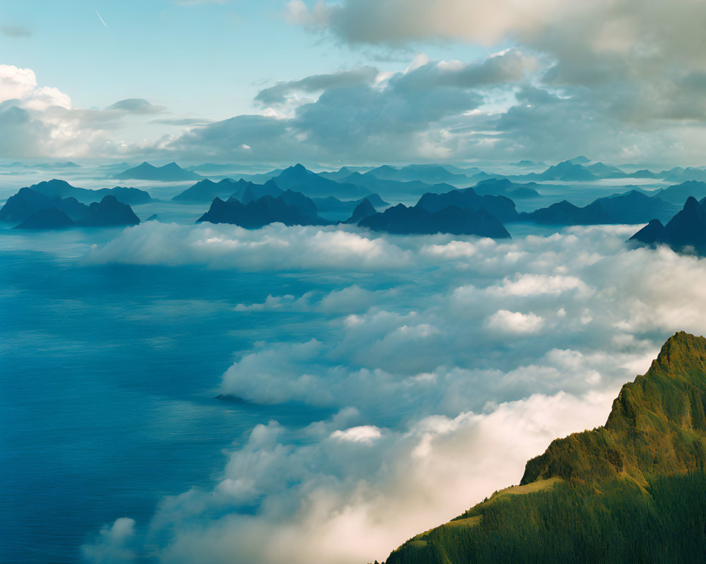 Sunlit mountain peaks above clouds overlooking ocean landscape