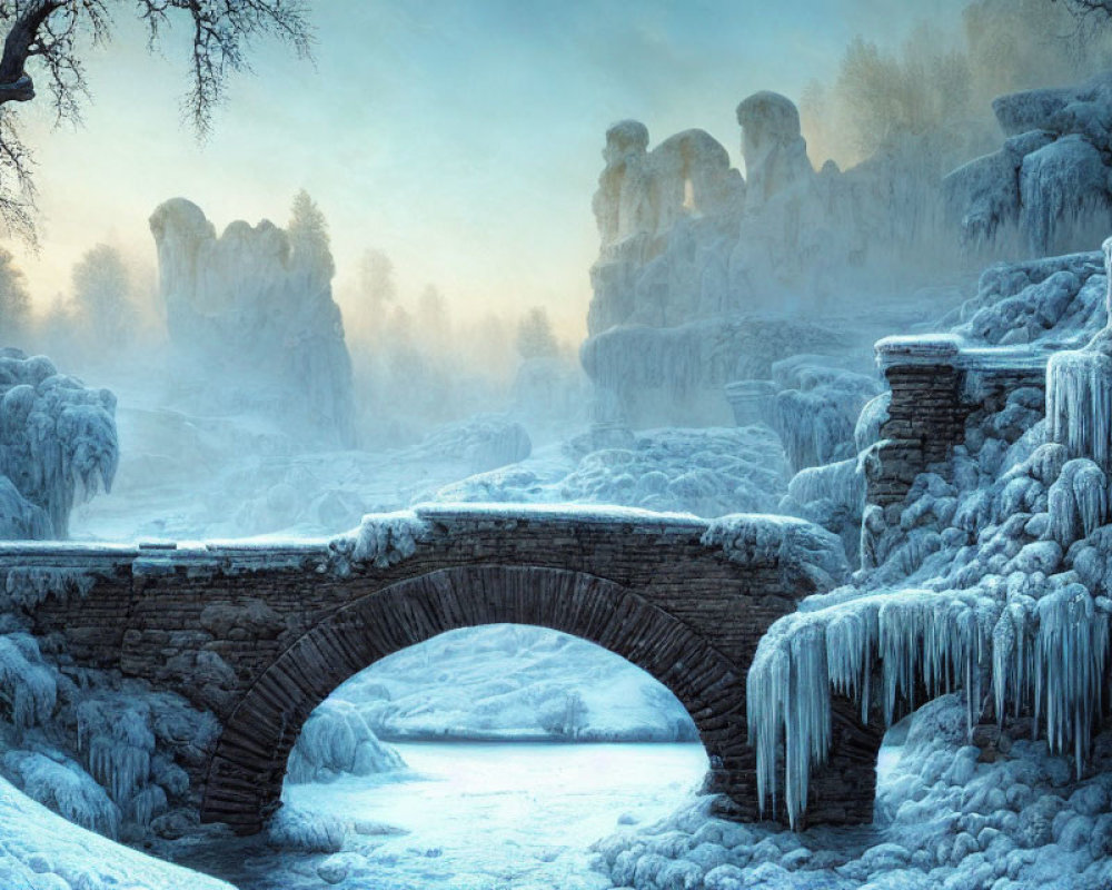 Snow-covered stone bridge over frozen river in serene winter landscape