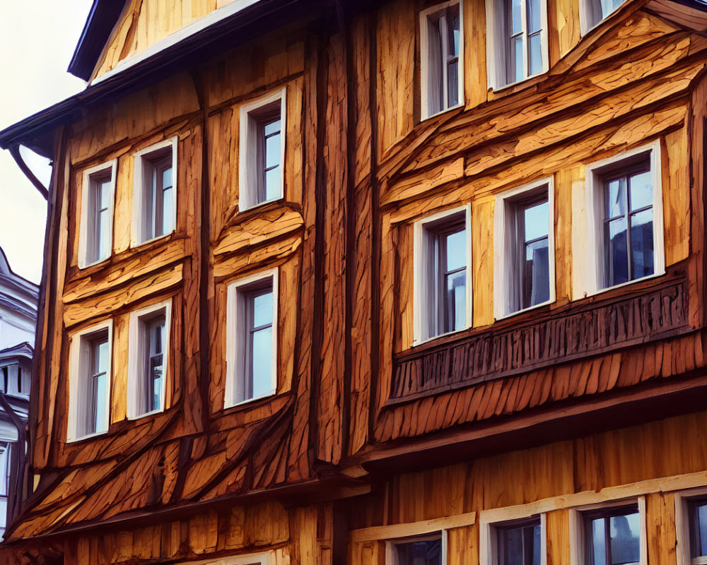 Traditional Wooden House with Warm Tones and Detailed Textures