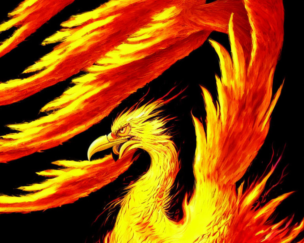 Vibrant digital art: Phoenix with fiery wings on black background