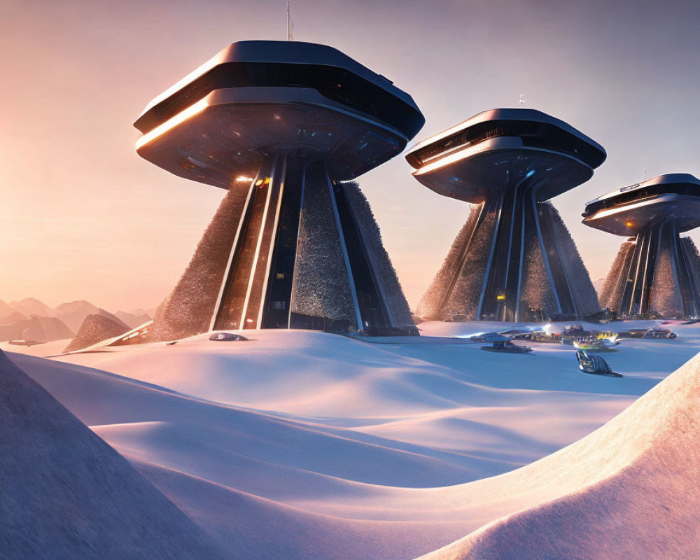 Sleek futuristic towers in snowy landscape under warm sky