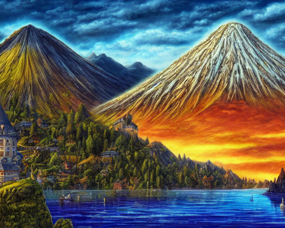 Scenic painting of lakeside village with volcanoes under dramatic sunset