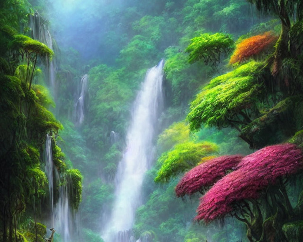 Vibrant pink foliage in lush green forest with cascading waterfalls