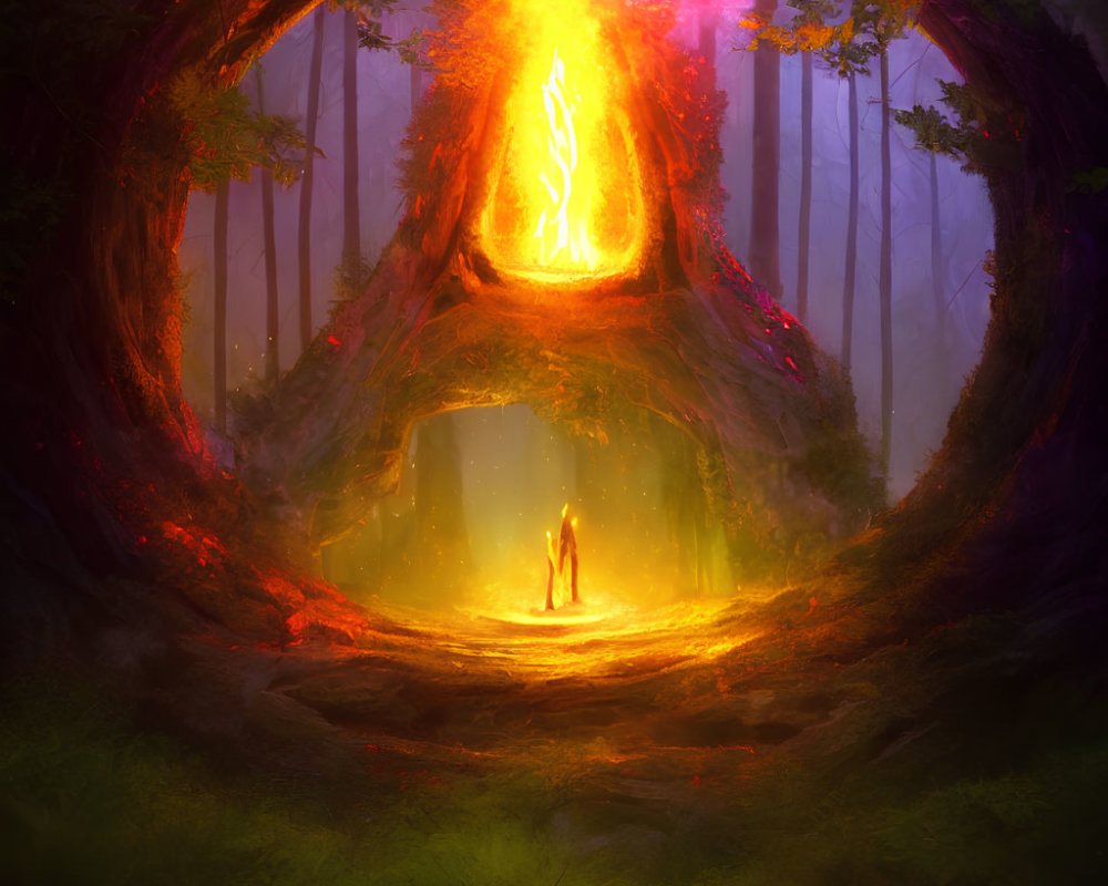 Mystical forest scene with glowing tree portal and lone silhouette.