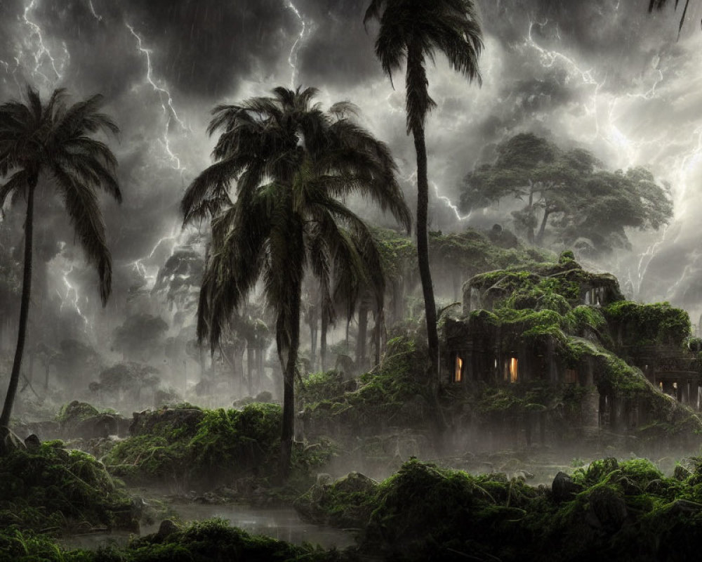 Mystical jungle with ancient ruins and stormy sky scenery