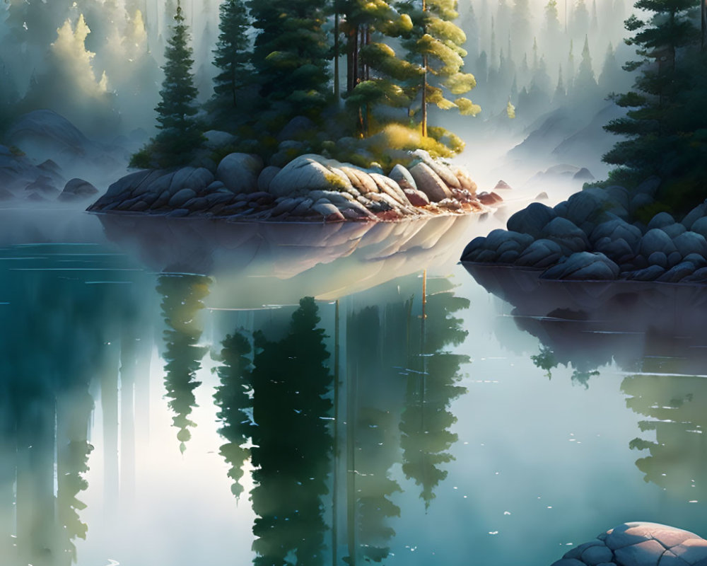 Tranquil lake scene with pine trees, rocky island, and misty morning light