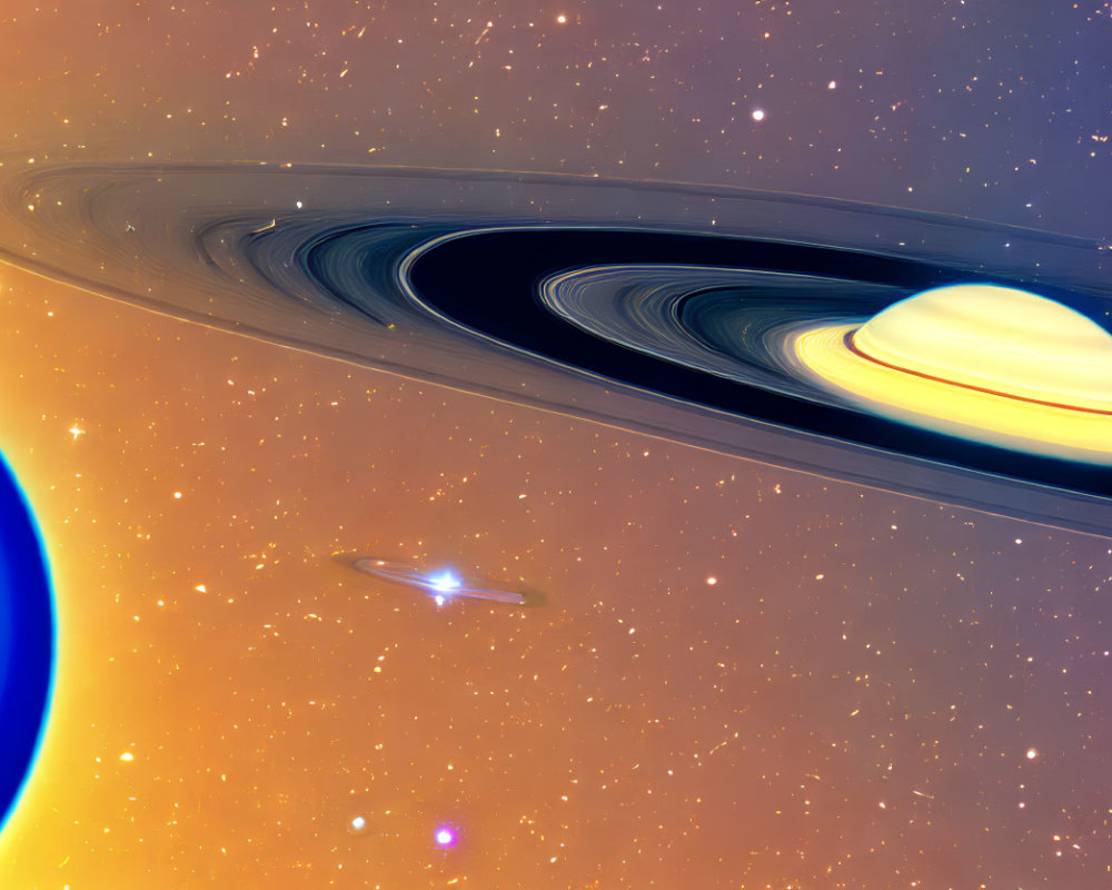 Colorful digital artwork of ringed planet, blue star, comet, and celestial bodies in starry