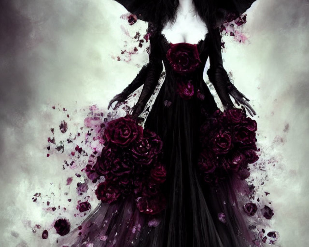 Gothic figure in dark dress with red roses against misty backdrop