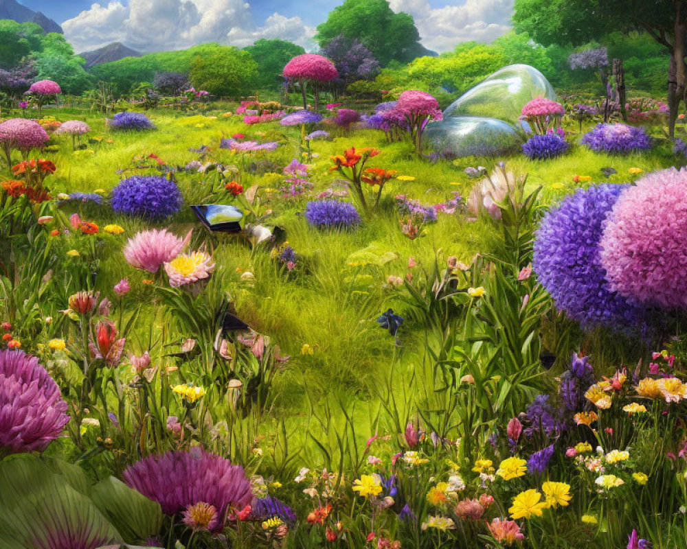 Vibrant oversized flowers in lush meadow with crystal structures under sunny sky