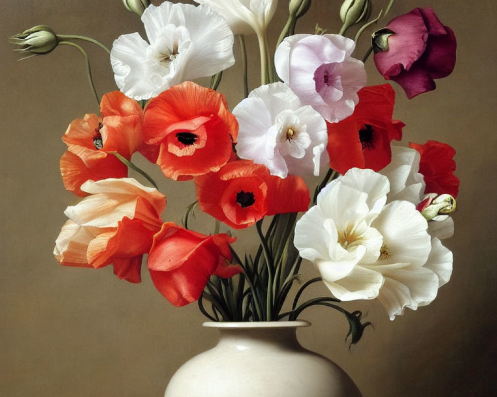 Vibrant multicolored poppies in white vase on brown background