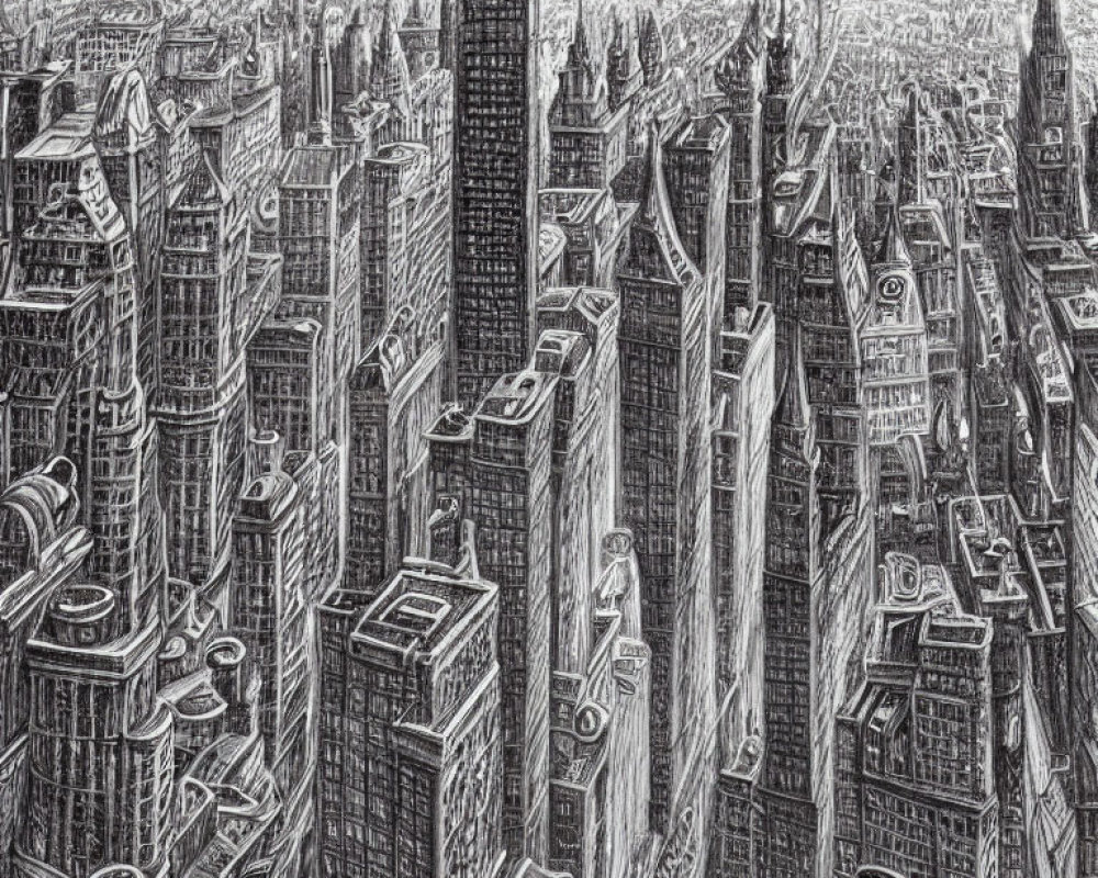 Detailed black and white cityscape sketch with diverse skyscrapers and buildings.